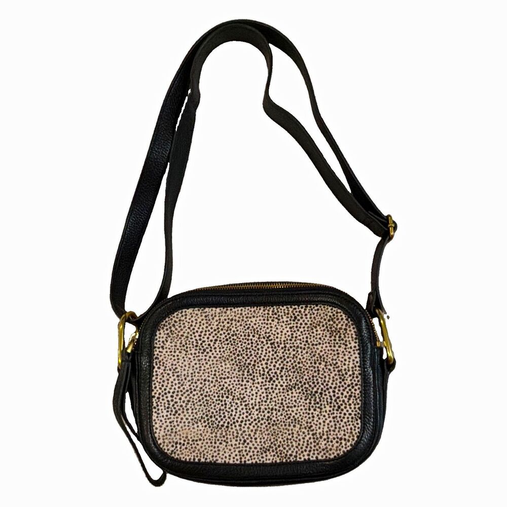 Black/Beige Small Crossbody Bag Zip Closure Animal Print Adjustable Strap